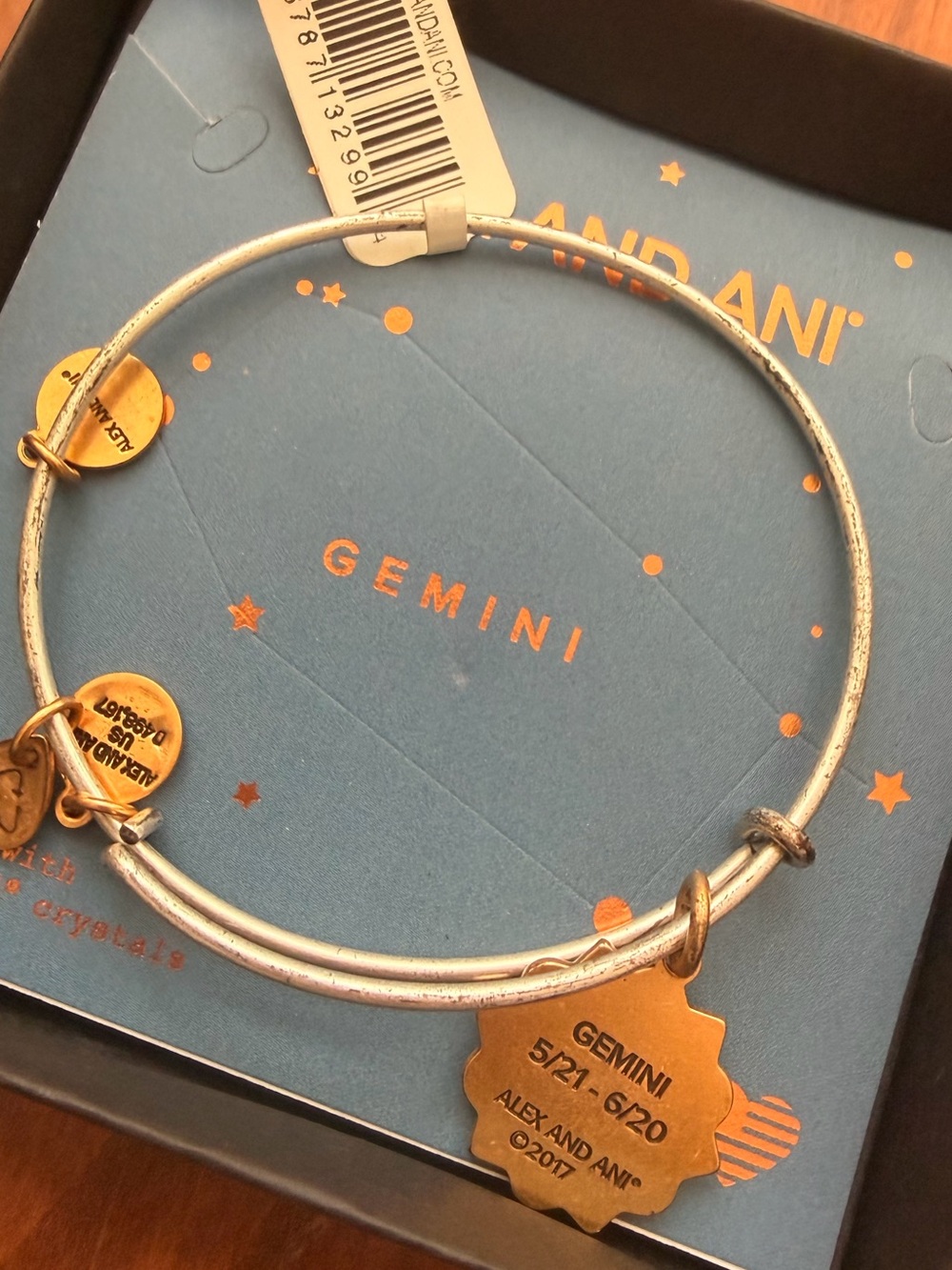 Alex and Ani Silver Gemini Zodiac Charm Bangle with Gold Tone Tags